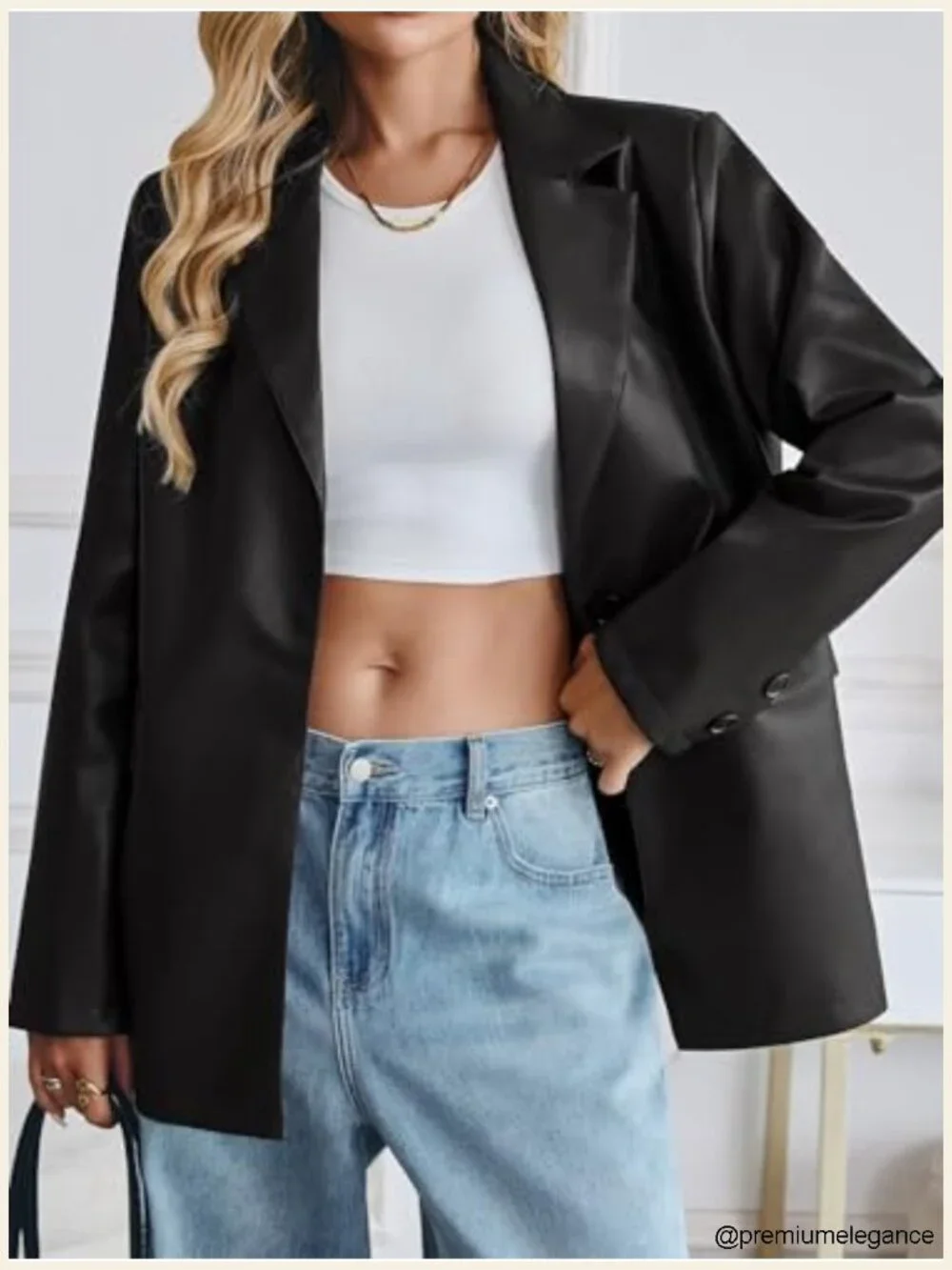 Womens Faux Leather Blazer Jacket Oversized Button Down Notched Lapel Fall
